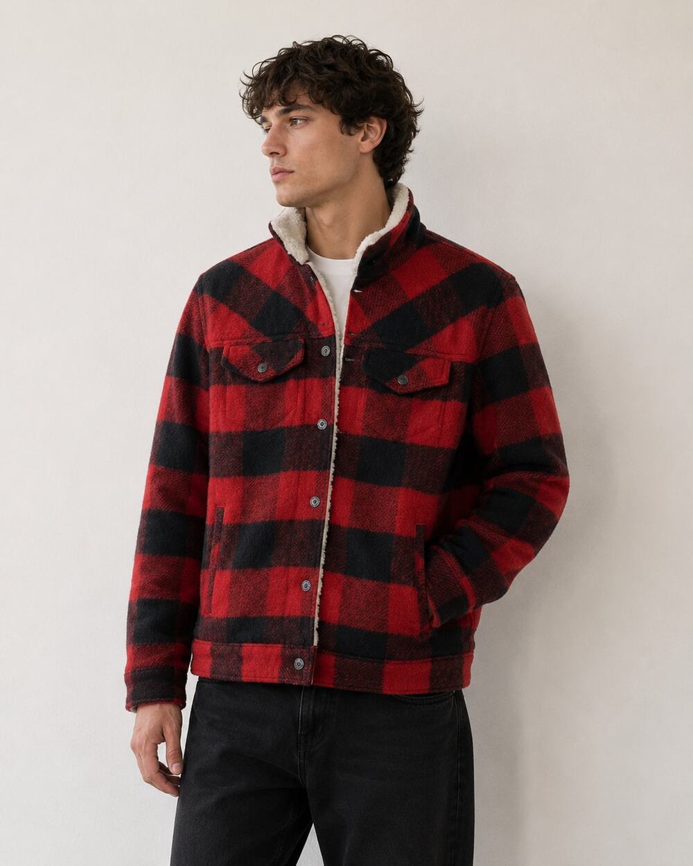 Levi Strauss Plaid Wool Sherpa Jacket Mens XL Buffalo Check Red Black Outdoor